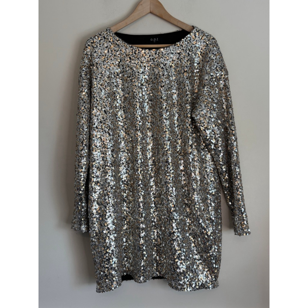 Anthropologie OPT Silver Sequin Long Sleeve Sheath Dress Medium Festival Sexy - Picture 2 of 11